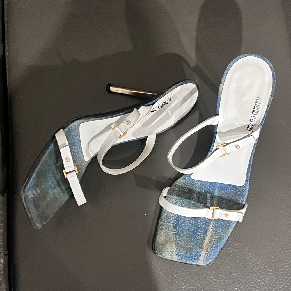 Roberto Cavalli denim white and gold sandal